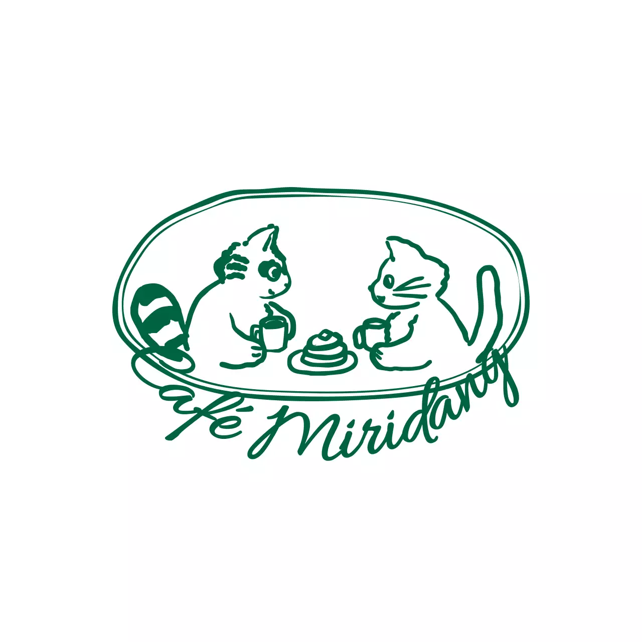 Schattige wasbeer en kat teatime illustratie logo in groen