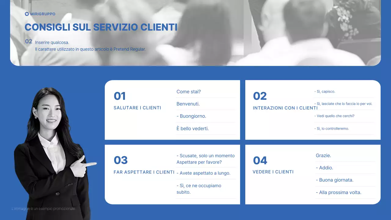 Seminario di formazione sulla gentilezza per il personale dei punti vendita del Gruppo Miri in blu e grigio Manuale di saluto