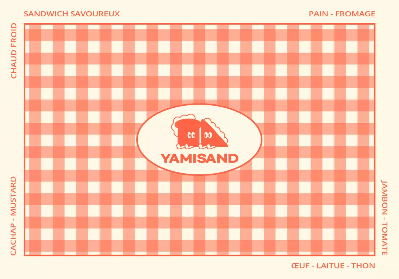 Une sandwicherie avec un motif à carreaux rouges et jaunes et des personnages mignons.