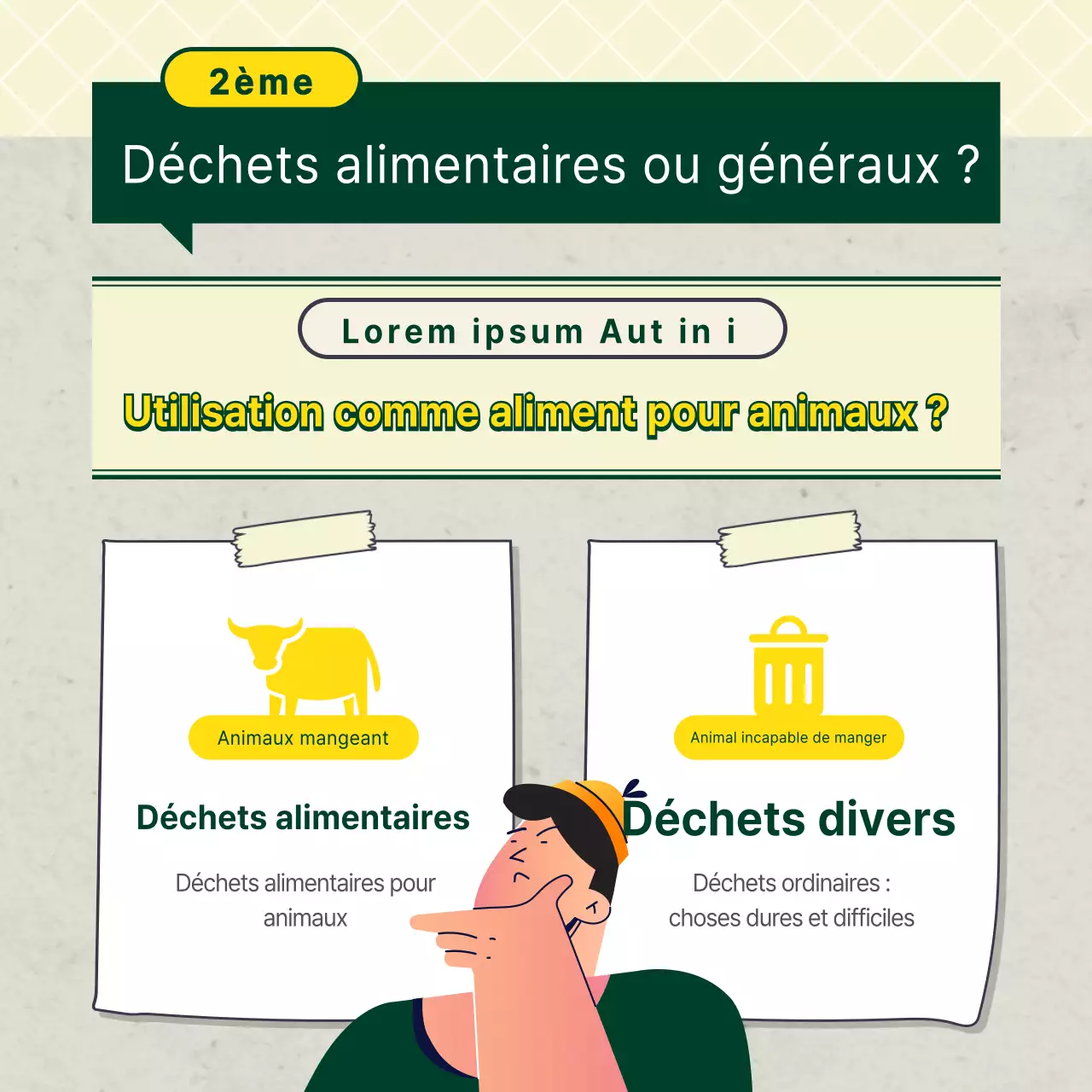 Conseils illustrés jaunes et verts sur les déchets alimentaires