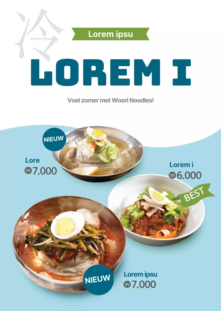 Zomer koud noedelmenu in lichtblauwe basisstijl