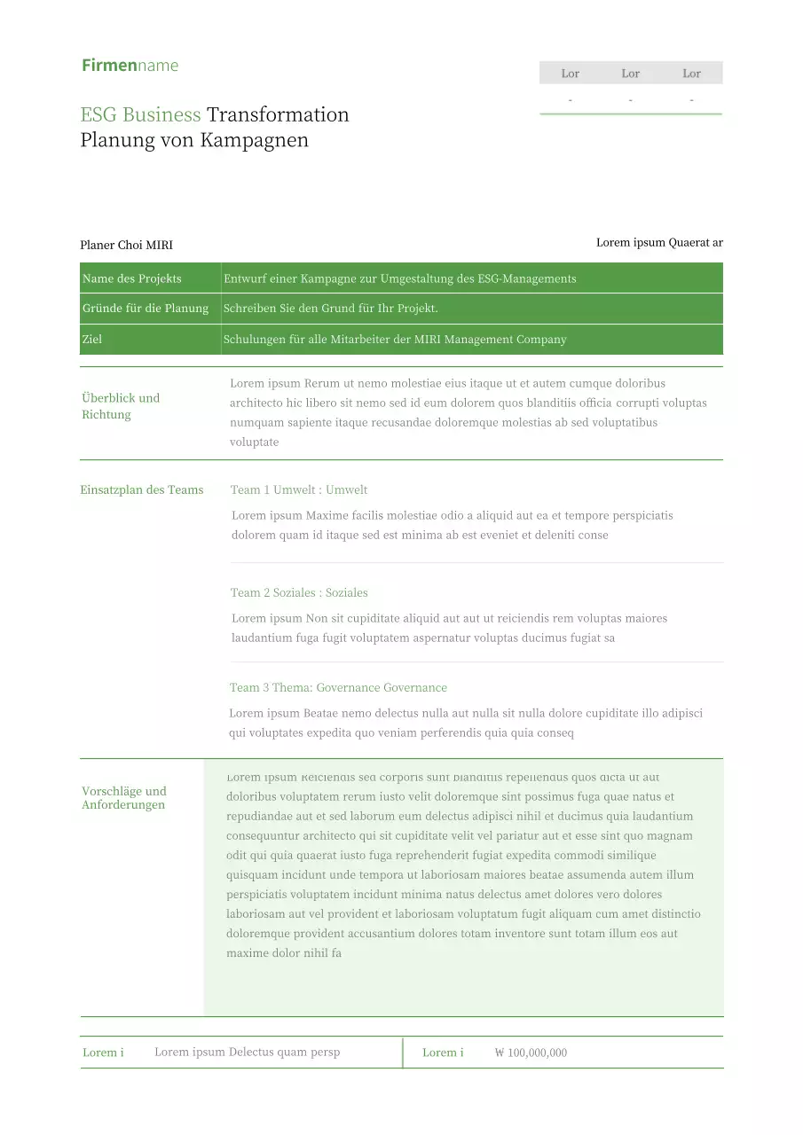 Der Basisplan der ESG Management Transformation Campaign in Chartreuse.