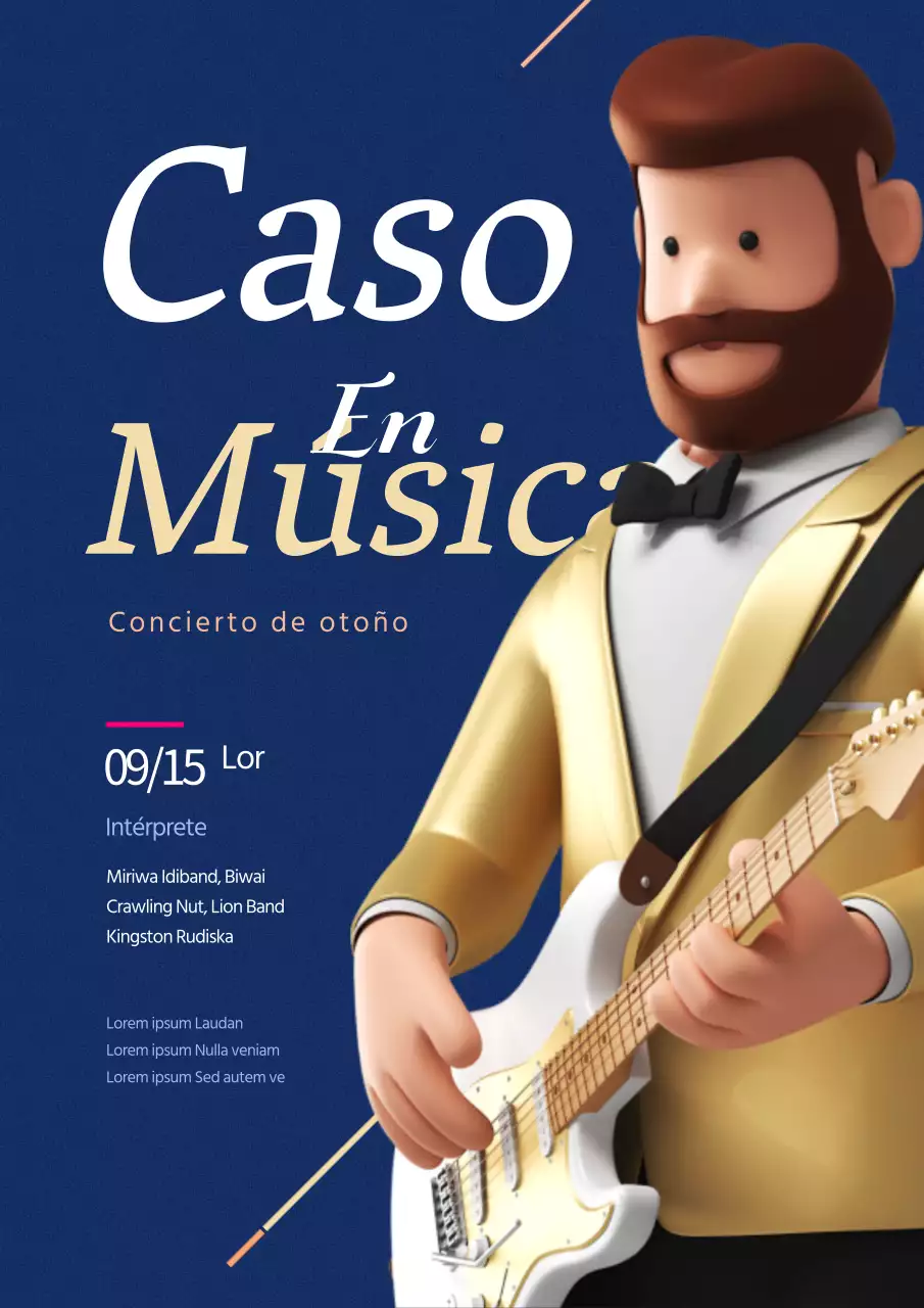 Promociona un sencillo concierto con un personaje en 3D tocando una guitarra azul marino