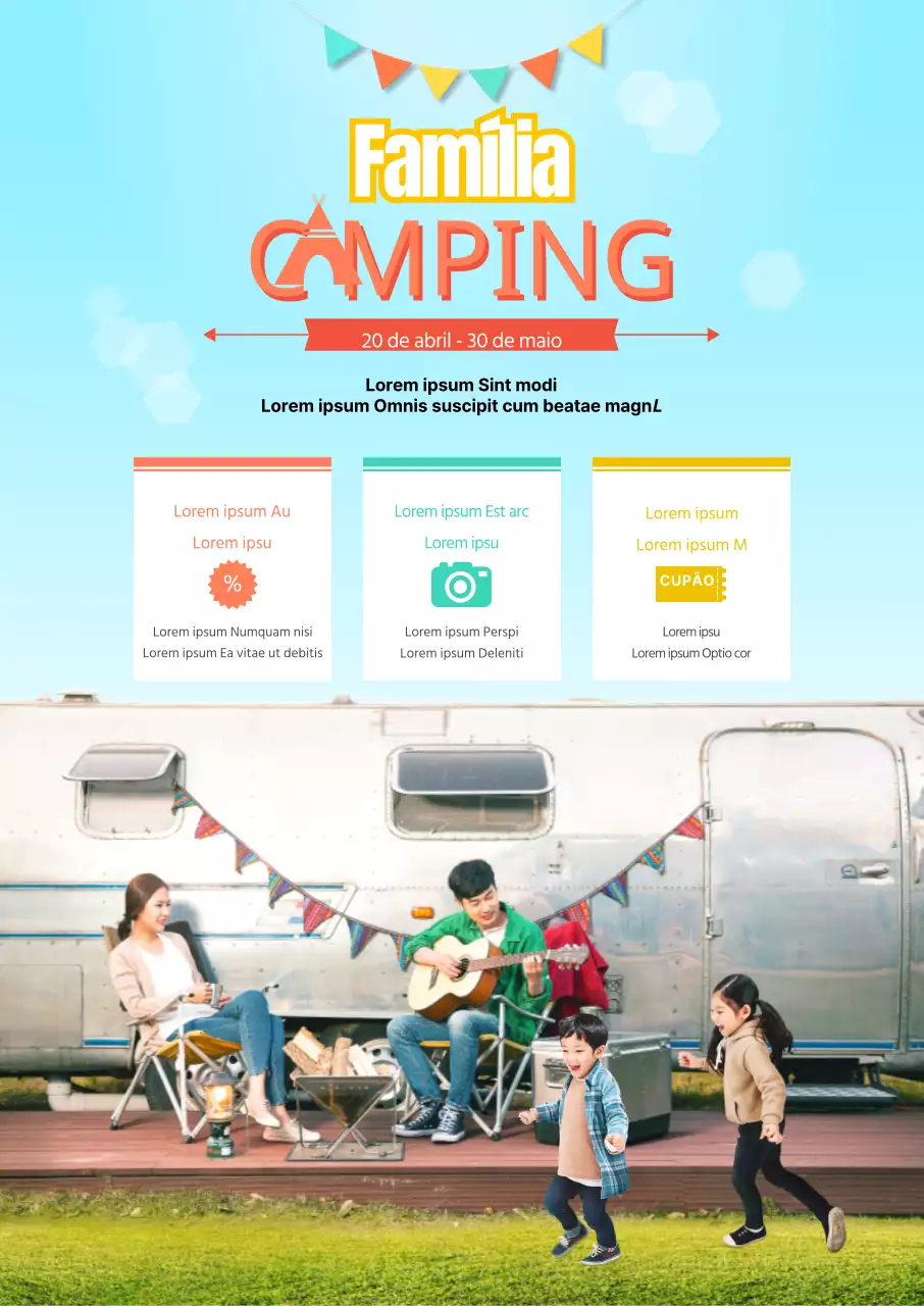 Um bonito negócio de campismo com uma fotografia de uma família a acampar em azul claro.