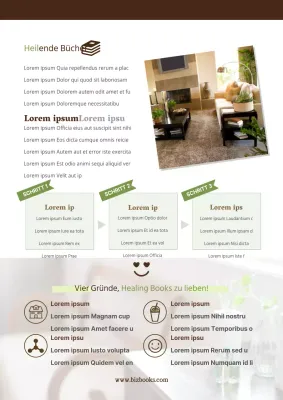 Förderung eines emotionalen Konzepts für ein Buchcafé mit braunen und grünen Innenaufnahmen