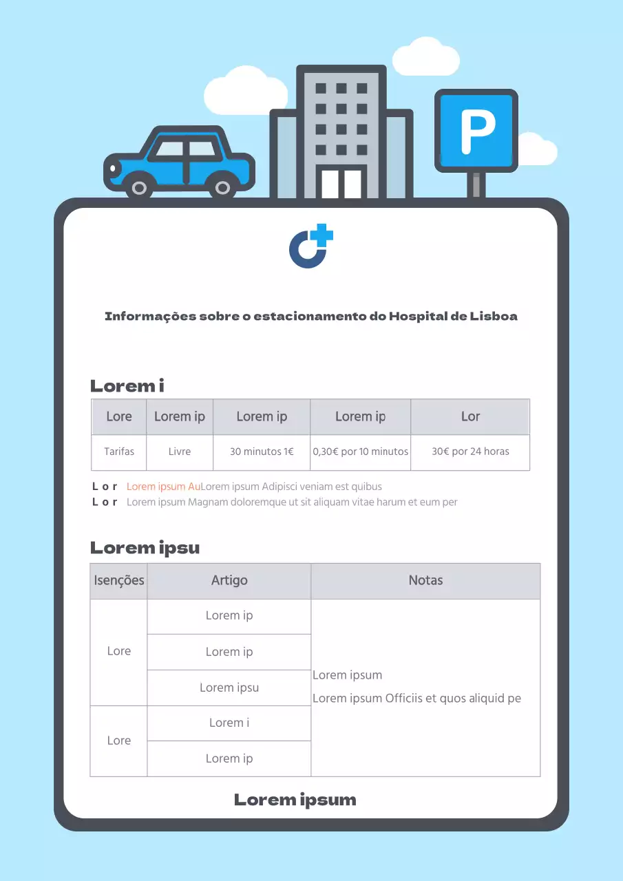 Ilustração gira azul clara modelo de documento de instruções de estacionamento num hospital