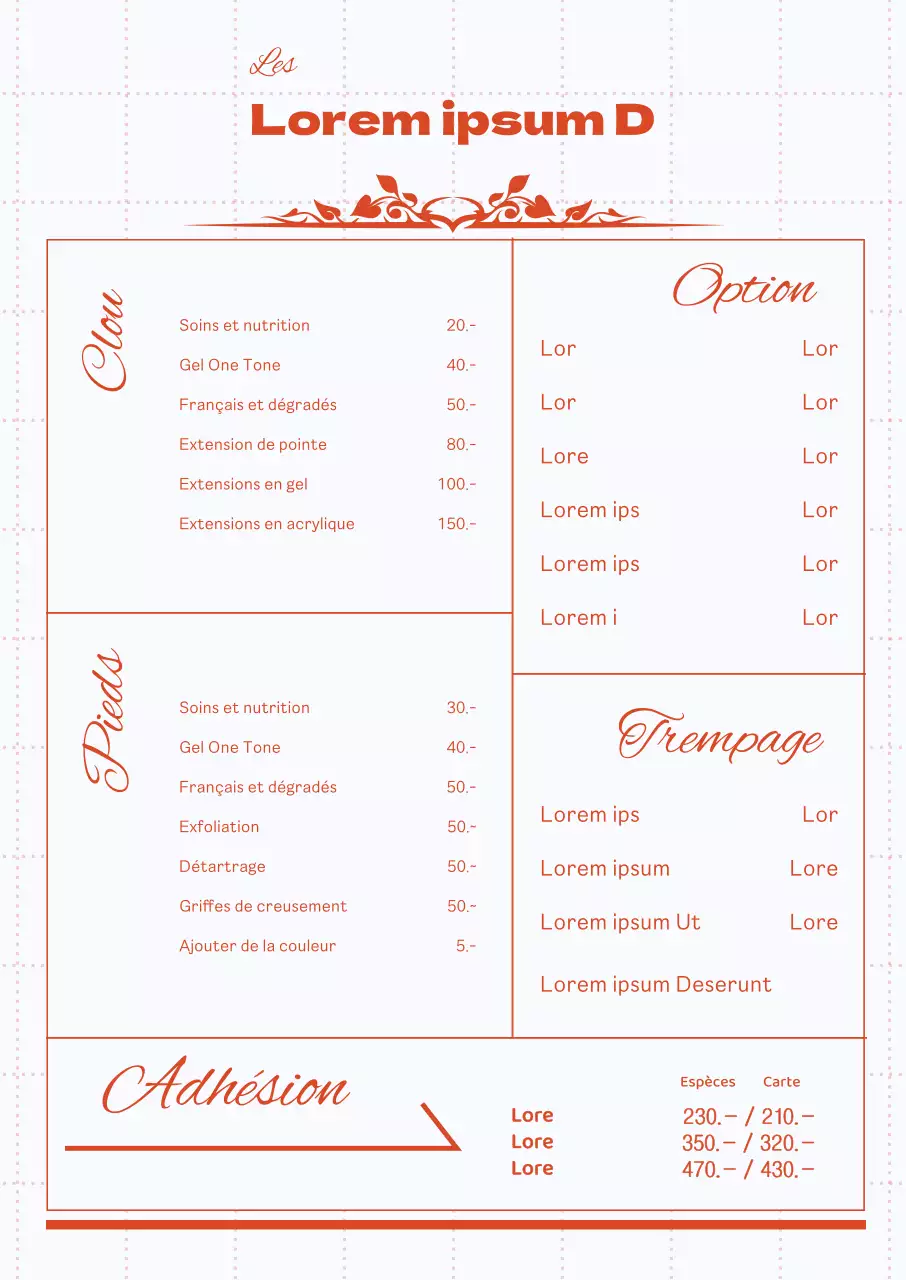 Panneau de menu pour salon de manucure avec lignes rouges