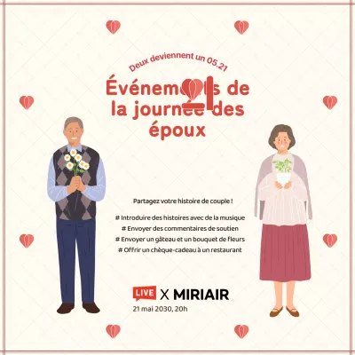Annonce d'un événement pour la journée des couples beige et rouge