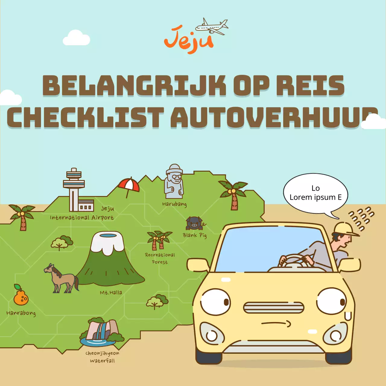 Een autoverhuur checklist voor reizen naar Jeju Island met leuke illustraties Sociale media
