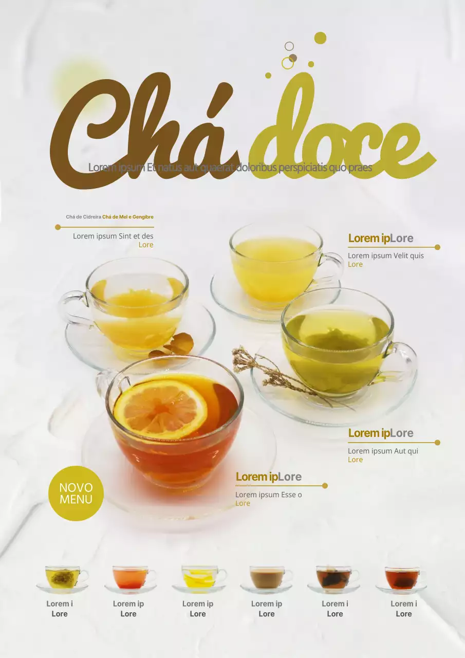 Promova o menu de chá do seu café com fotografias de chás coloridos e amarelos