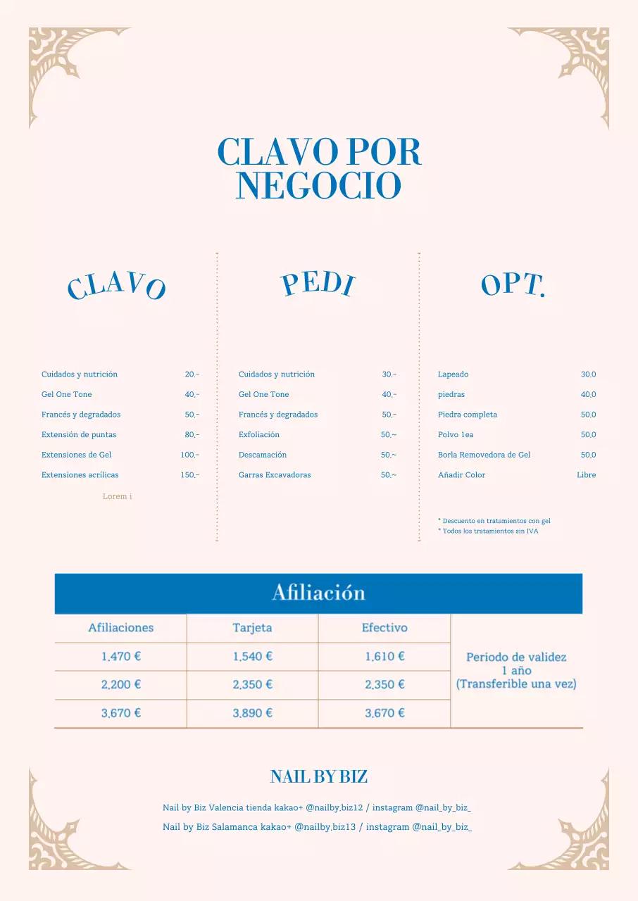 El menú de un salón de manicura con clase