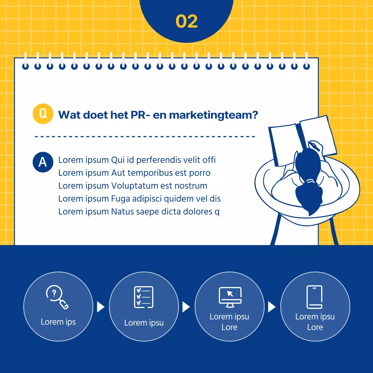 Sollicitatiegesprek voor een marketingbaan bij public relations in marineblauw en geel