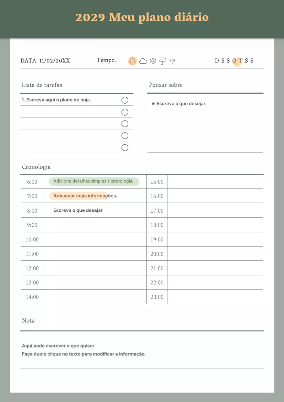 Agenda diária elegante em verde e laranja