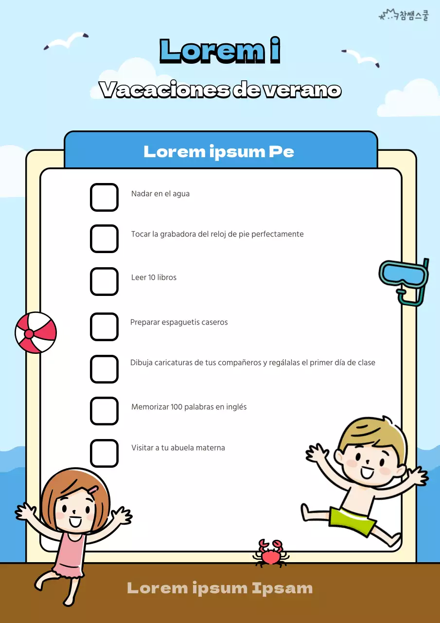 Planificador de vacaciones de verano con concepto de playa en azul claro