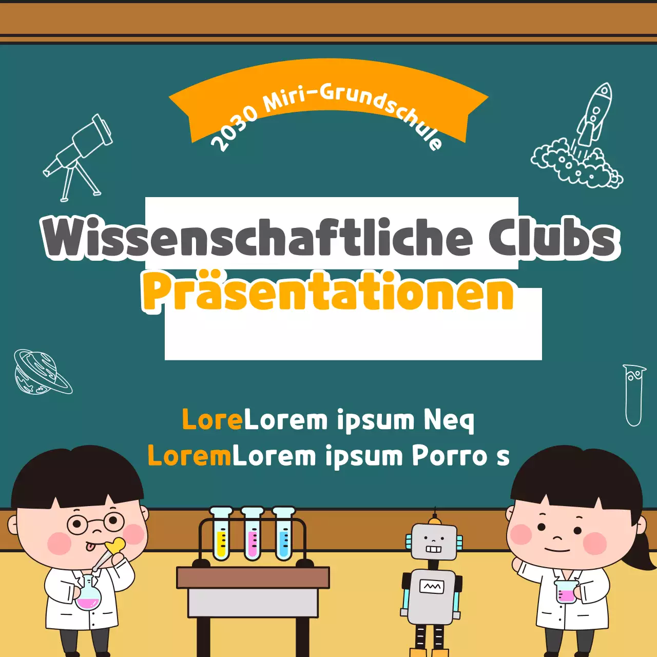 Eine Präsentation für einen Wissenschaftsclub in der Grundschule, unterstrichen durch niedliche Illustrationen
