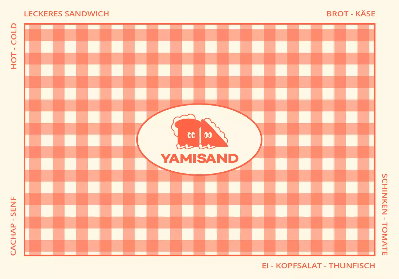 Ein Sandwich-Laden mit einem rot-gelben Karomuster und niedlichen Figuren