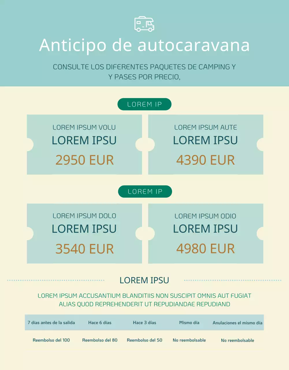 Guía de un sencillo servicio de alquiler de autocaravanas en menta y amarillo