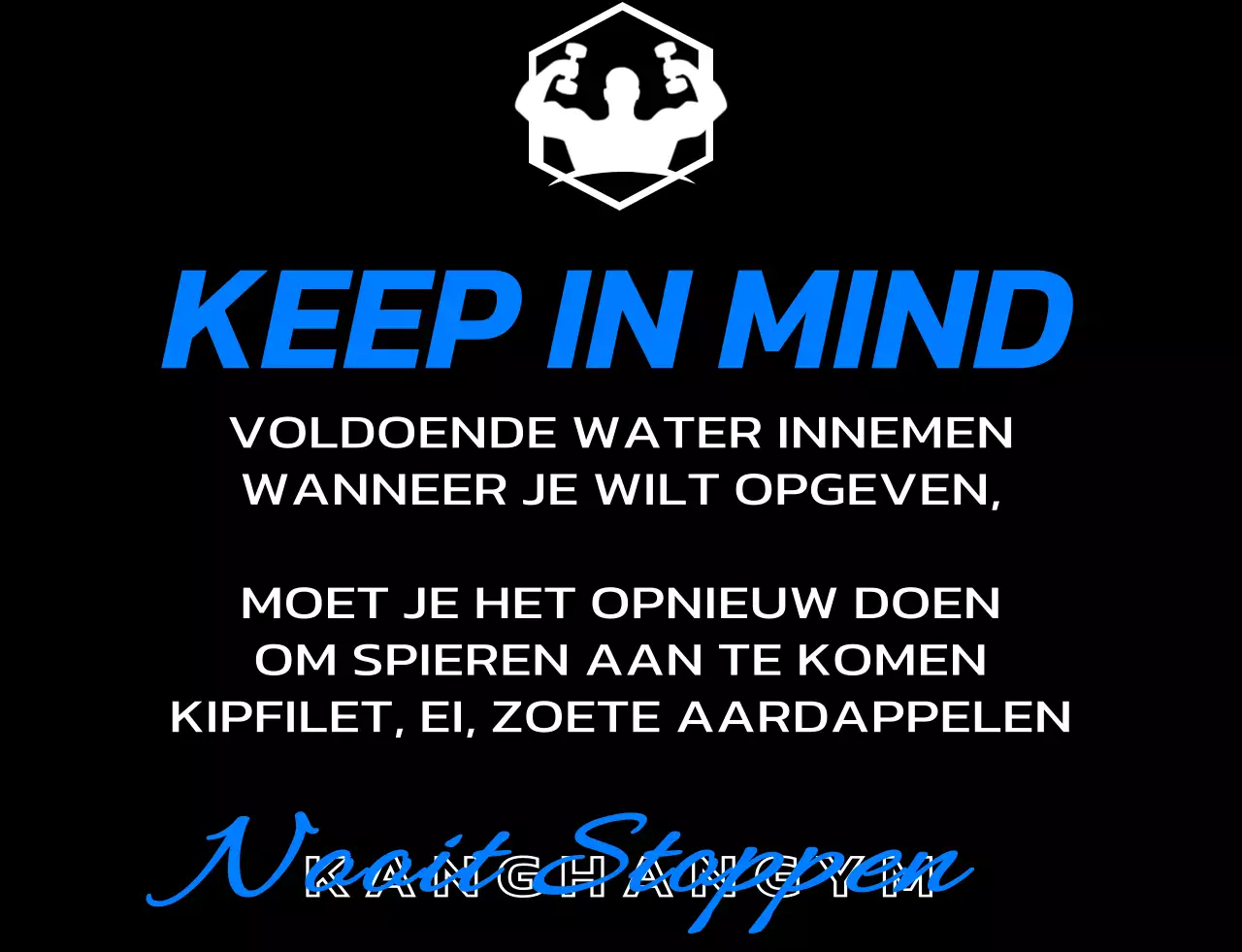 Een ontwerp voor alleen sportschoolleden met een zwart en blauw logo en trainingsgerelateerde tekst