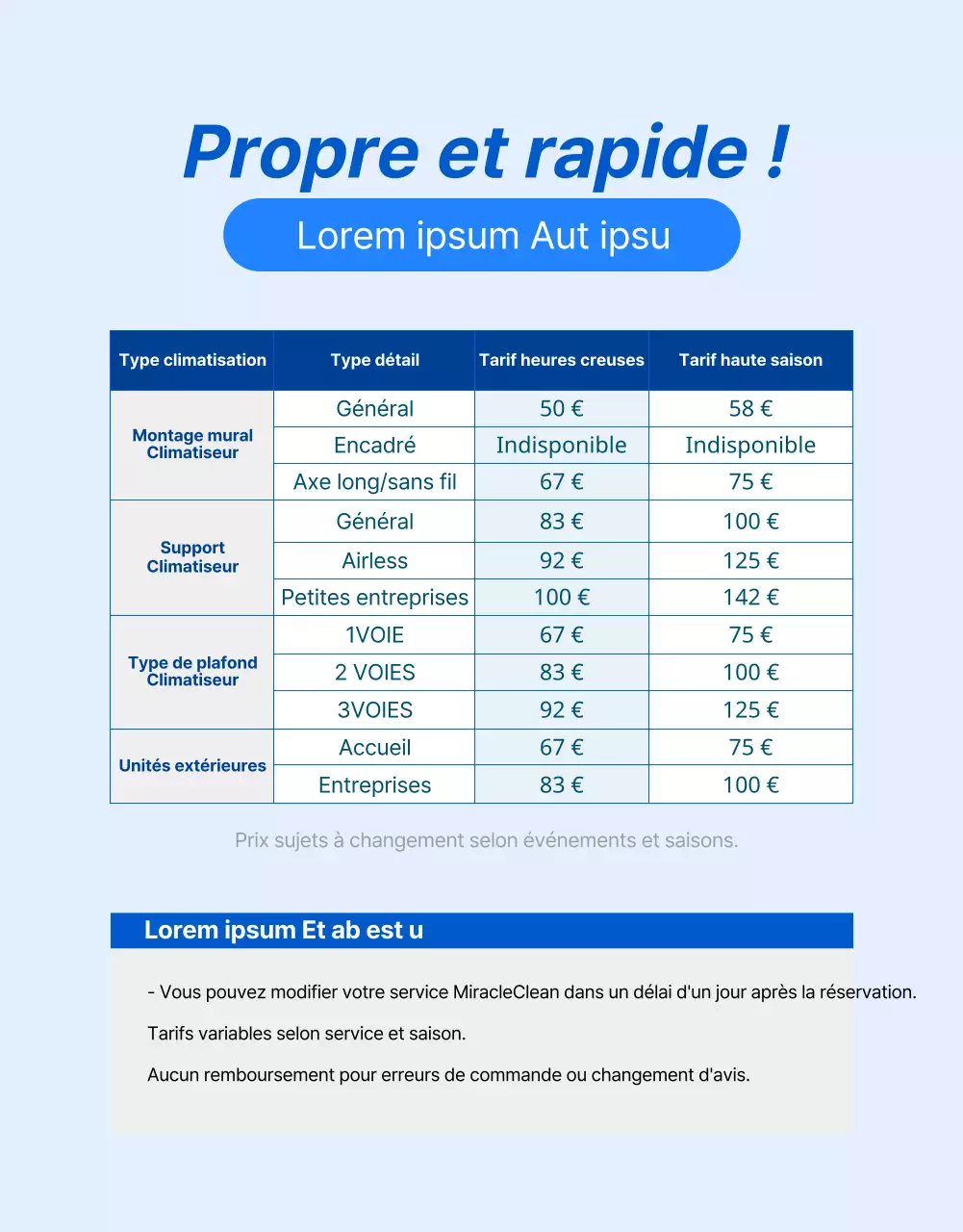 Service de nettoyage de climatiseurs bleu, soigné et professionnel (page de détail)