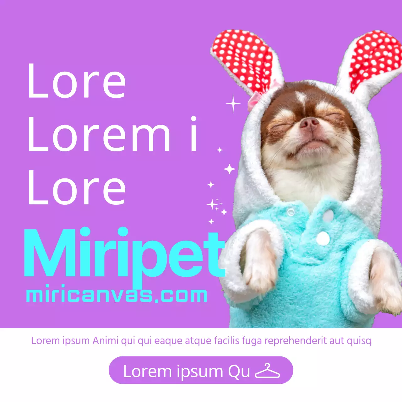 Werbung für einen Hundekostümverleih mit einem Foto eines Welpen in einem Hasenkostüm auf lila Hintergrund