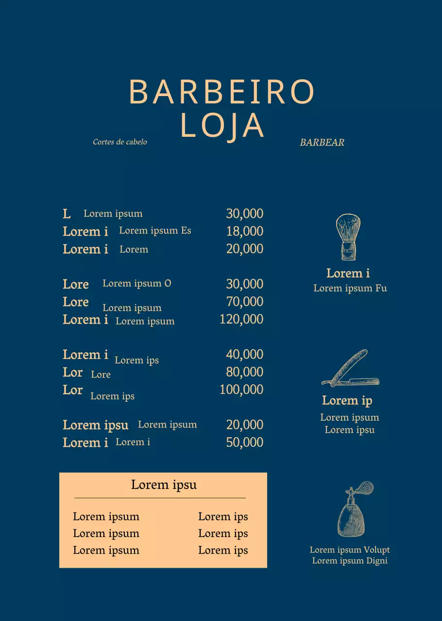 Ementa de barbearia ilustrada vintage em amarelo creme