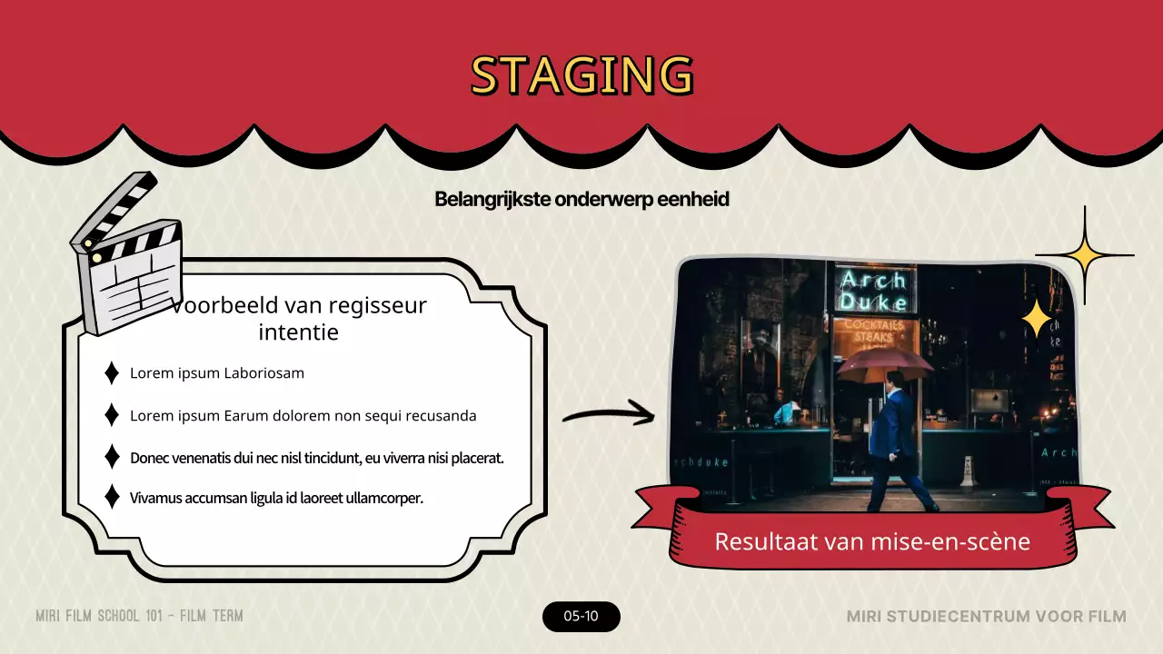 Inleiding tot filmterminologie in het rode en gele theaterconcept