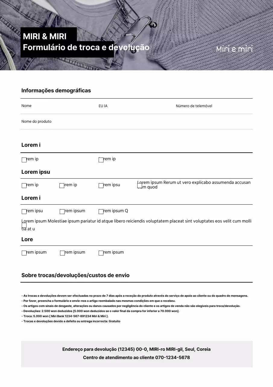 Formulário de pedido de troca de fotografia púrpura