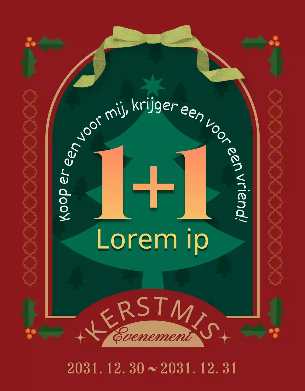 Kerstkoop één krijg één gratis evenement met rode achtergrond en boomdecoraties