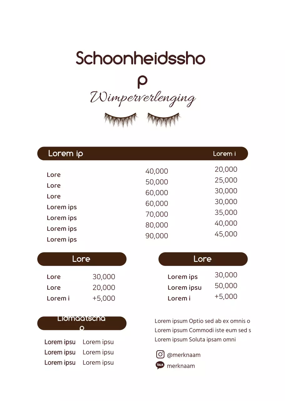 Het menu bij Brown's Basic Style Wimper Extensions.