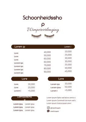 Het menu bij Brown's Basic Style Wimper Extensions.