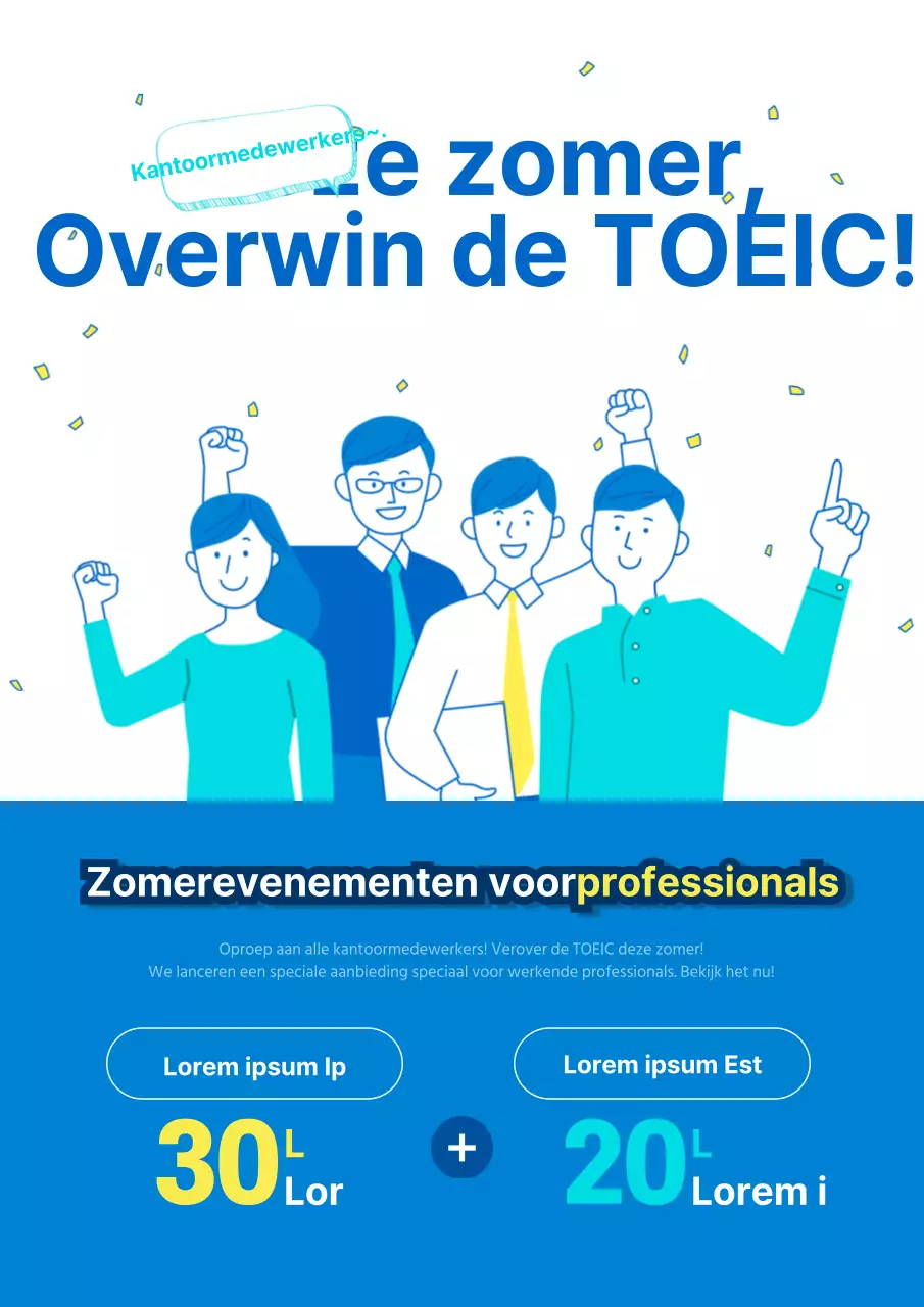 Een leuke blauw-witte flyer voor een sociaal Engels studie-evenement