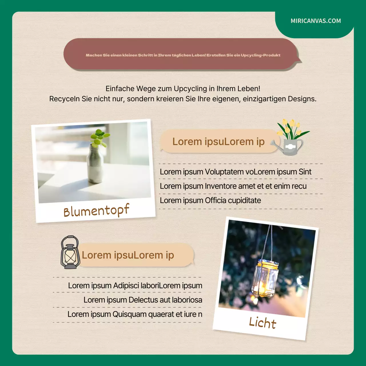 Upcycling-Herausforderung mit grünen und beigen Illustrationen CardNews