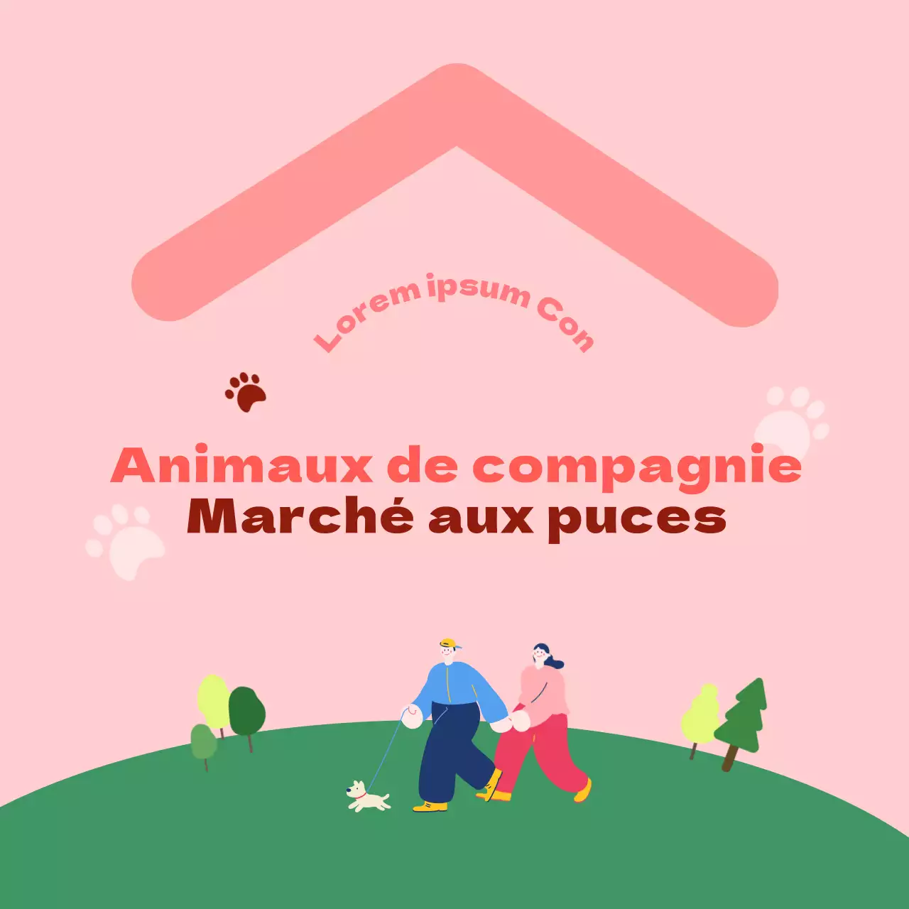 Pour les marchés aux puces avec des illustrations de chiens et d'humains roses et verts