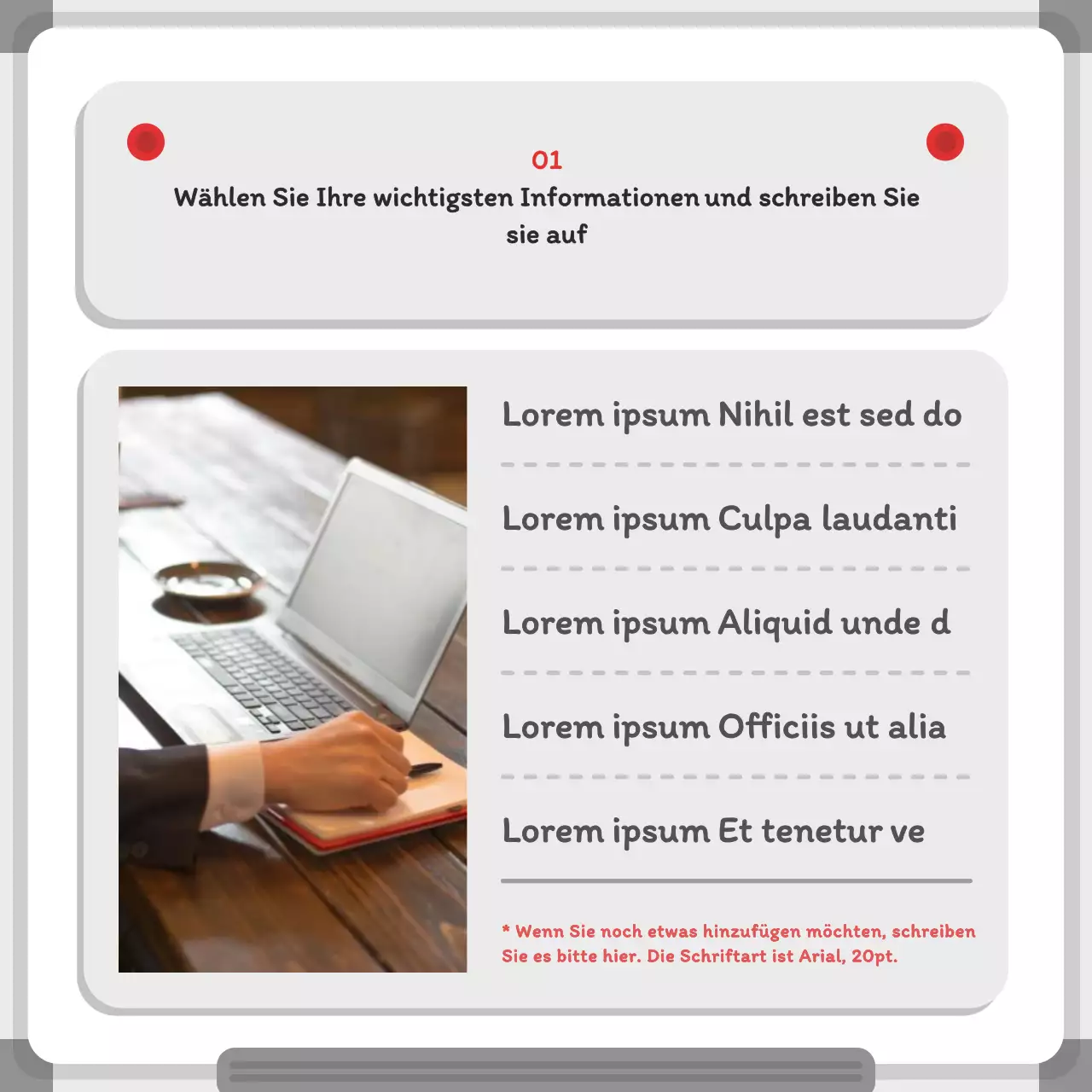 Minimalistisches Whiteboard-Konzept in Grau und Rot Schnelle Fakten zum Konzept