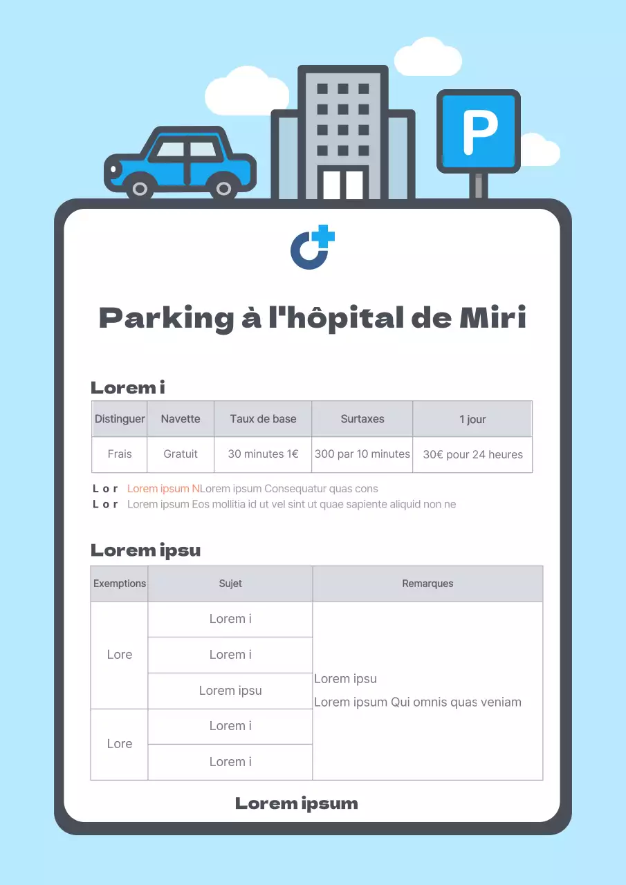 Illustration mignonne bleu clair instructions de stationnement pour l'hôpital modèle de document