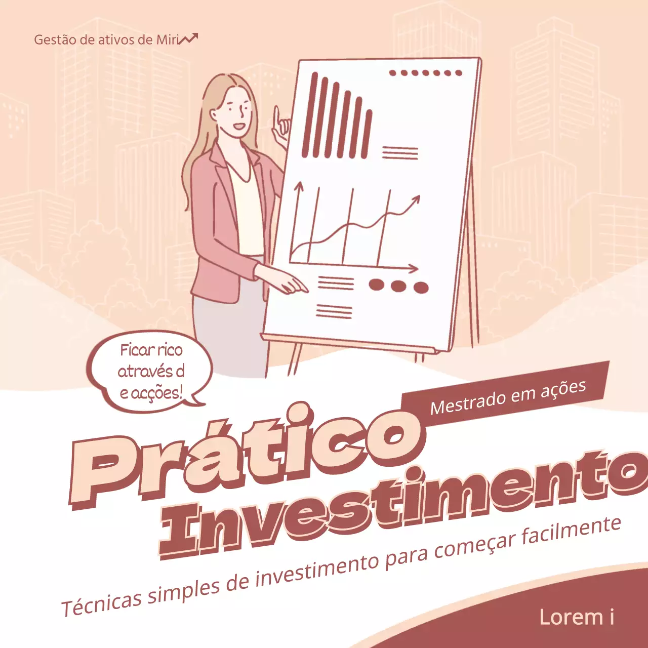 Palestra sobre investimento em acções com ilustração cor-de-rosa