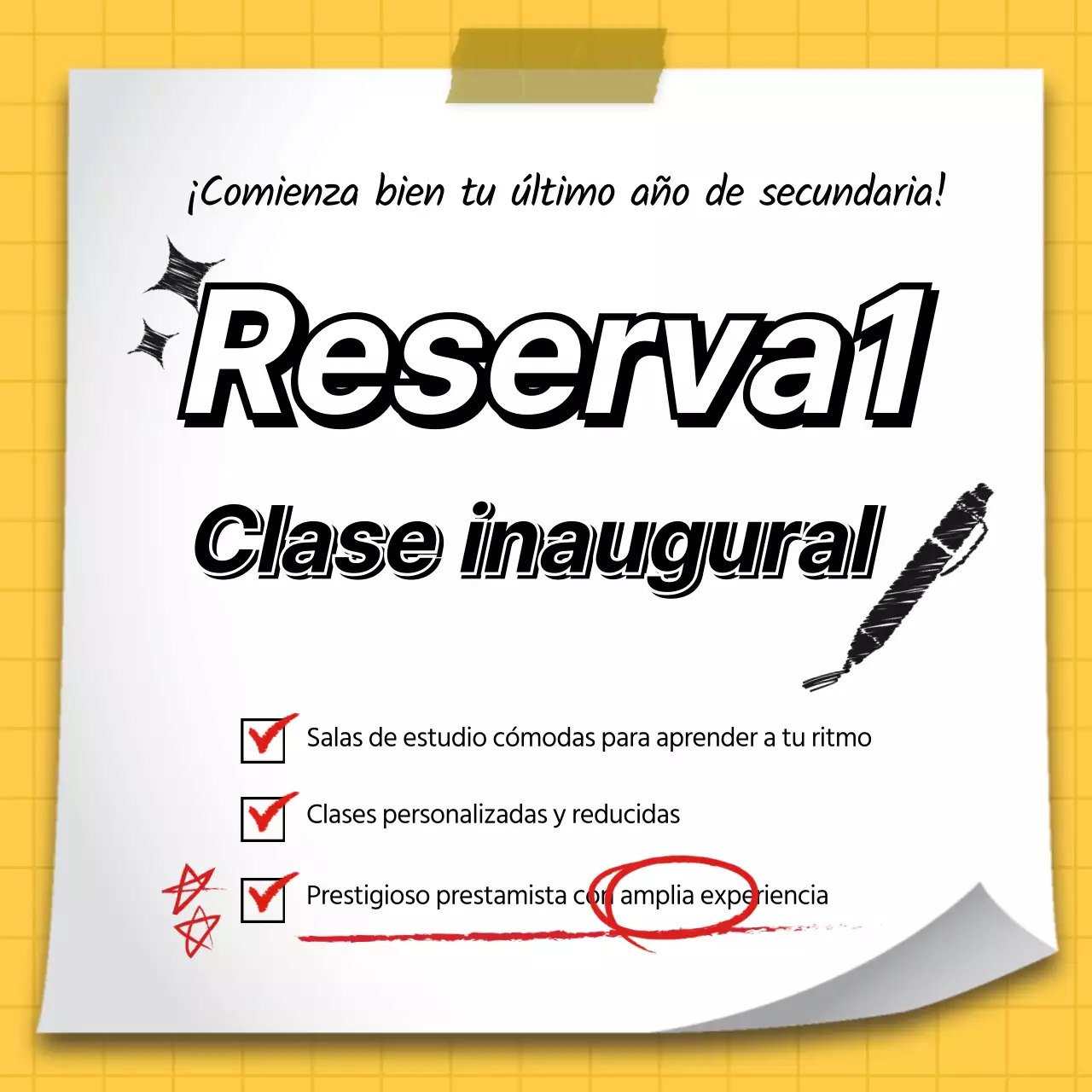 Reclutamiento para las clases de la escuela con fondo amarillo a cuadros concepto de bloc de notas