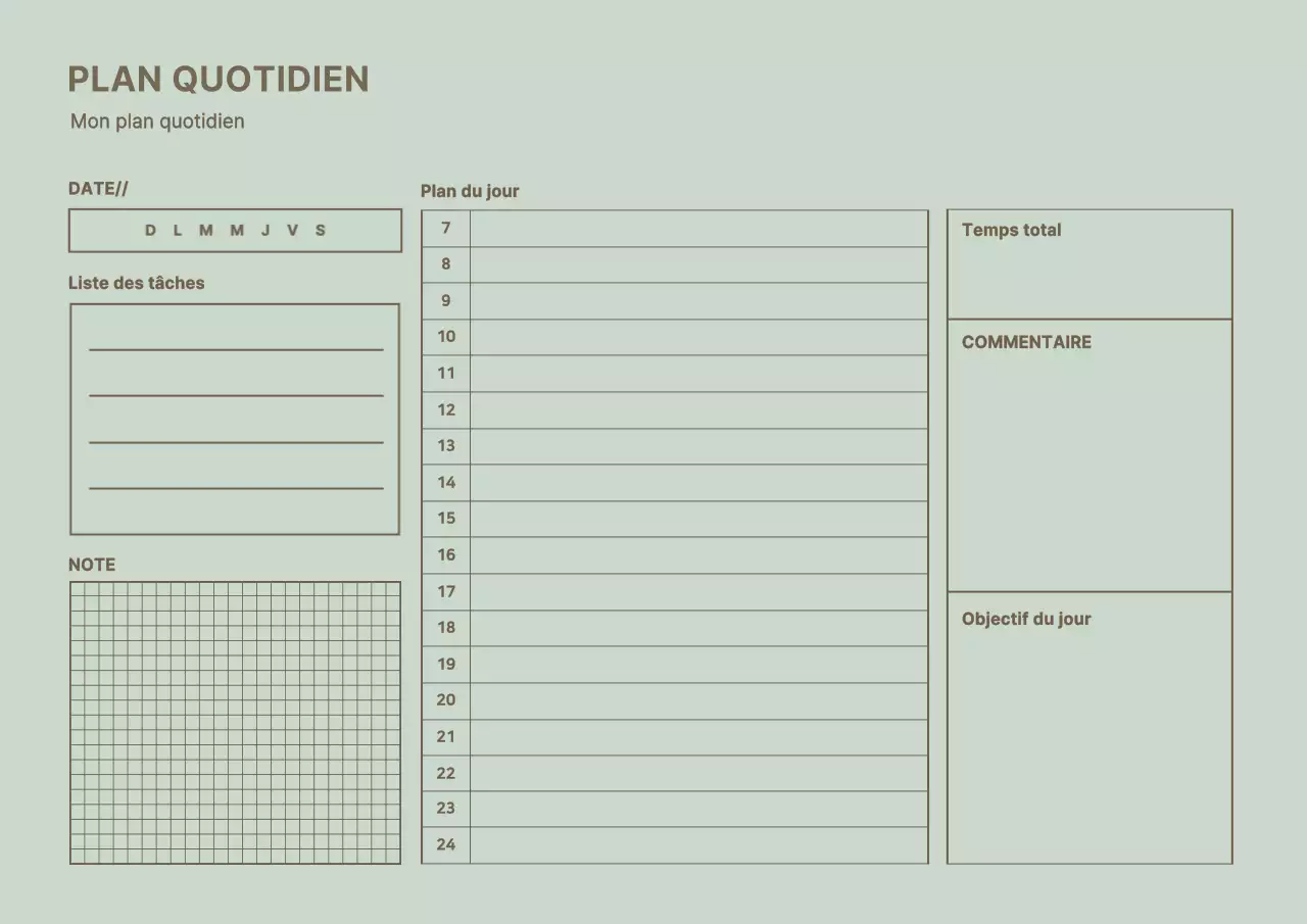 Agenda quotidien de conception simple en vert clair