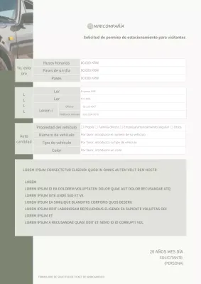 Modelo sencillo de documento de solicitud de permiso de estacionamiento para vehículos visitantes verde y con fotografía