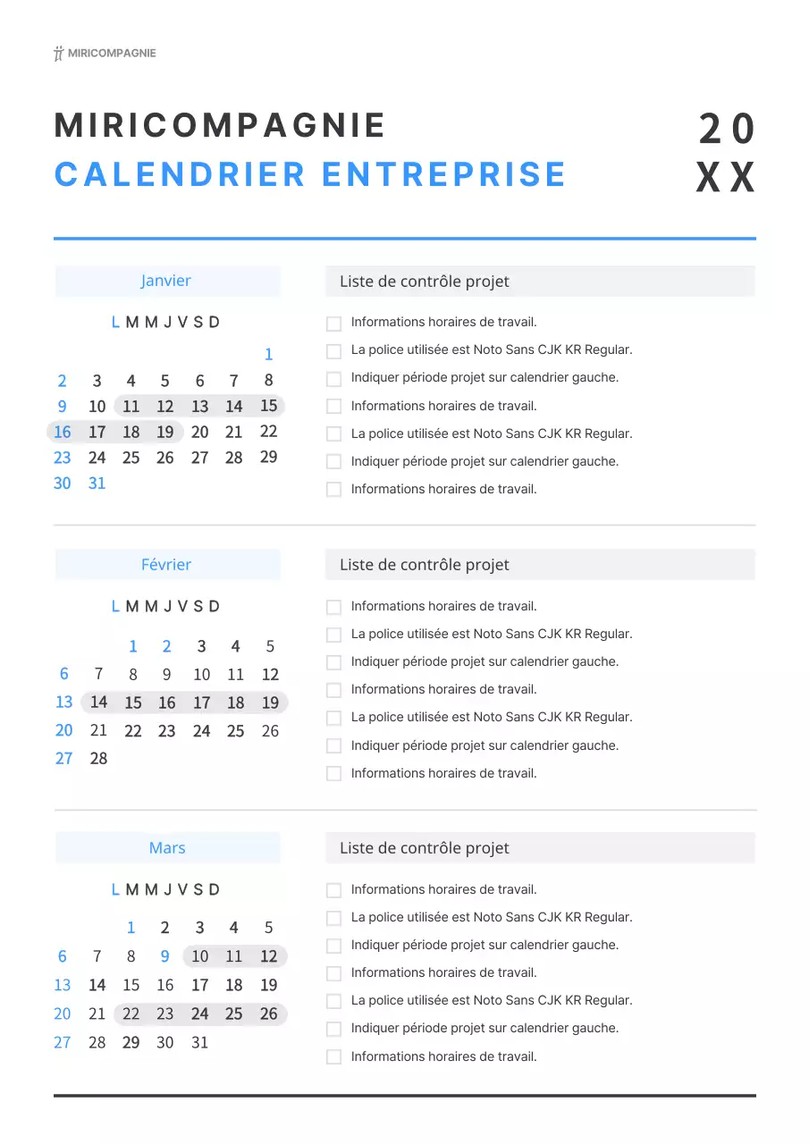 Calendrier de travail simple en blanc et bleu