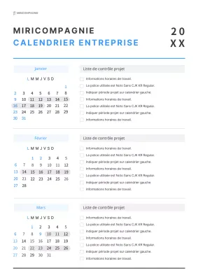 Calendrier de travail simple en blanc et bleu
