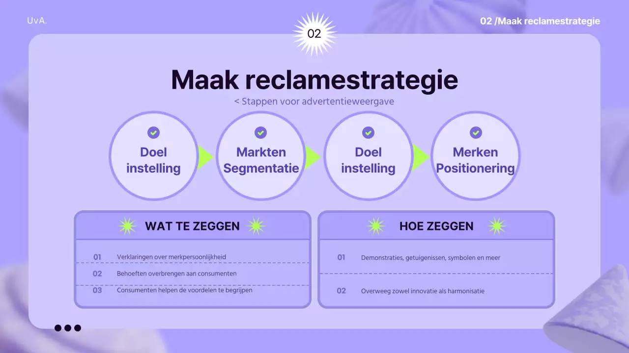 Gebruik 3D-elementen op een mauve achtergrond om een gevoel van ruimte te creëren om de reclamestrategie te informeren