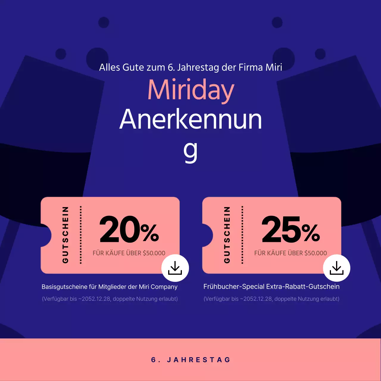 Ein navyblauer und rosafarbener Happy Anniversary-Rabattcoupon