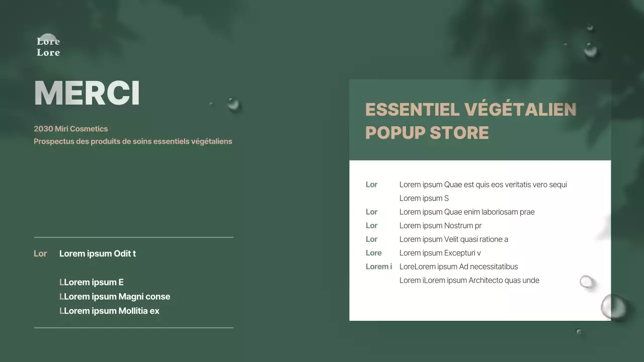 Présentation d'un argumentaire de produit cosmétique végétalien naturaliste aux tons verts