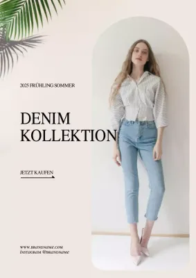 Werbeplakat für eine schlichte Denim-Kollektion in der Farbe Beige
