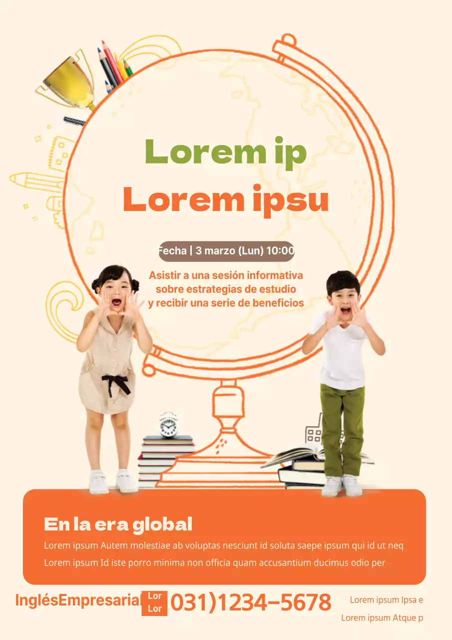 Bonito folleto naranja para una academia de inglés