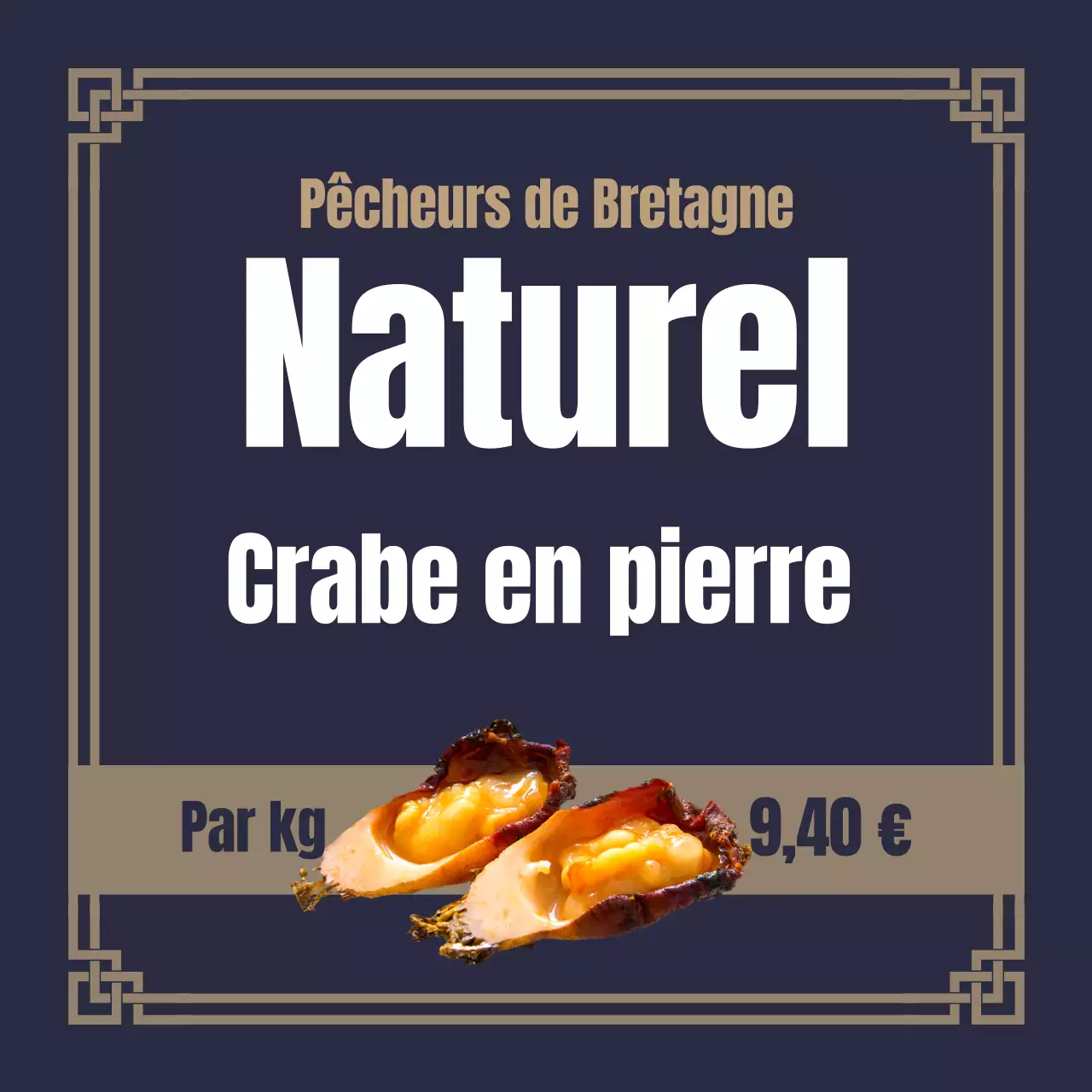 10 000 euros par kilo de crabe sauvage avec bordure à motifs coréens sur fond bleu marine.
