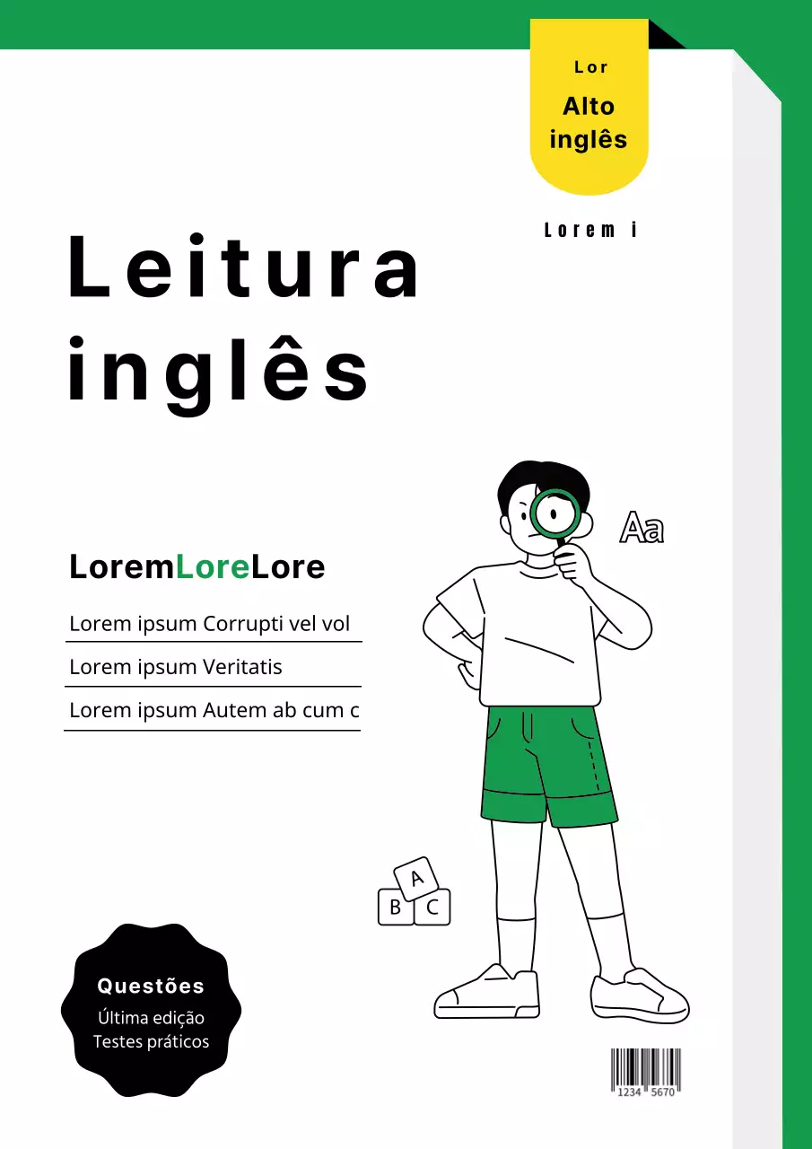 Capa verde e amarela, semelhante a um livro, com uma ilustração simples e engraçada de um teste prático de exame de inglês do ensino básico e secundário.
