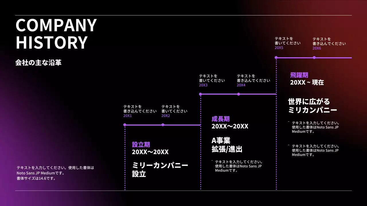 黒 シンプル 会社歴史 ポートフォリオ インフォグラフィック