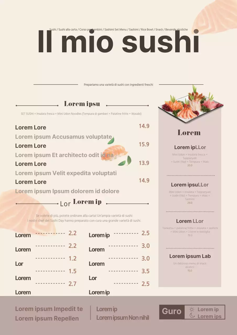 Cartellone del menu di un ristorante di sushi con foto gialle e illustrazioni di pesce